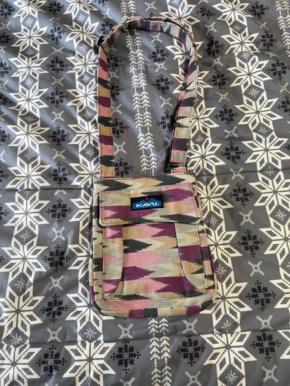 Kavu Small Crossbody in Pink and purple Aztec